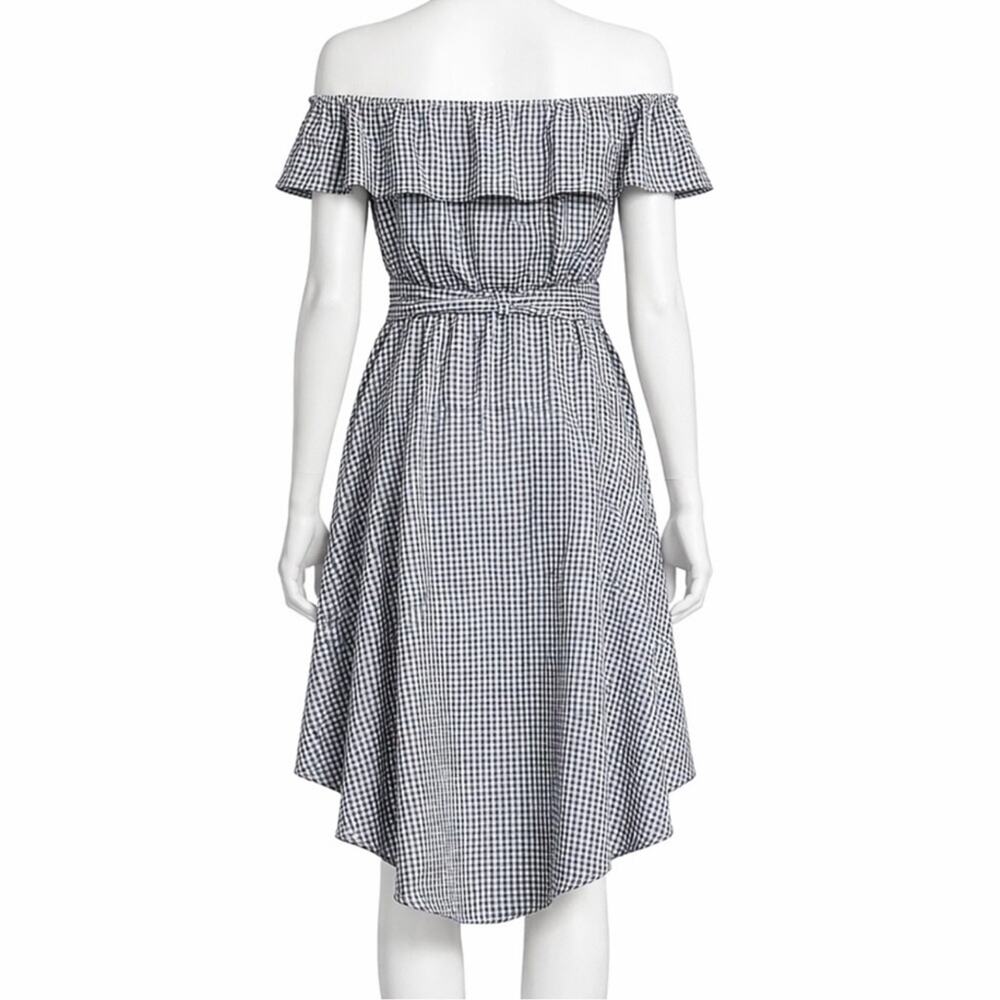 Saks Fifth Avenue Gingham Off-Shoulder Hi-Low Dress Tie Waist Black White M - Picture 3 of 9